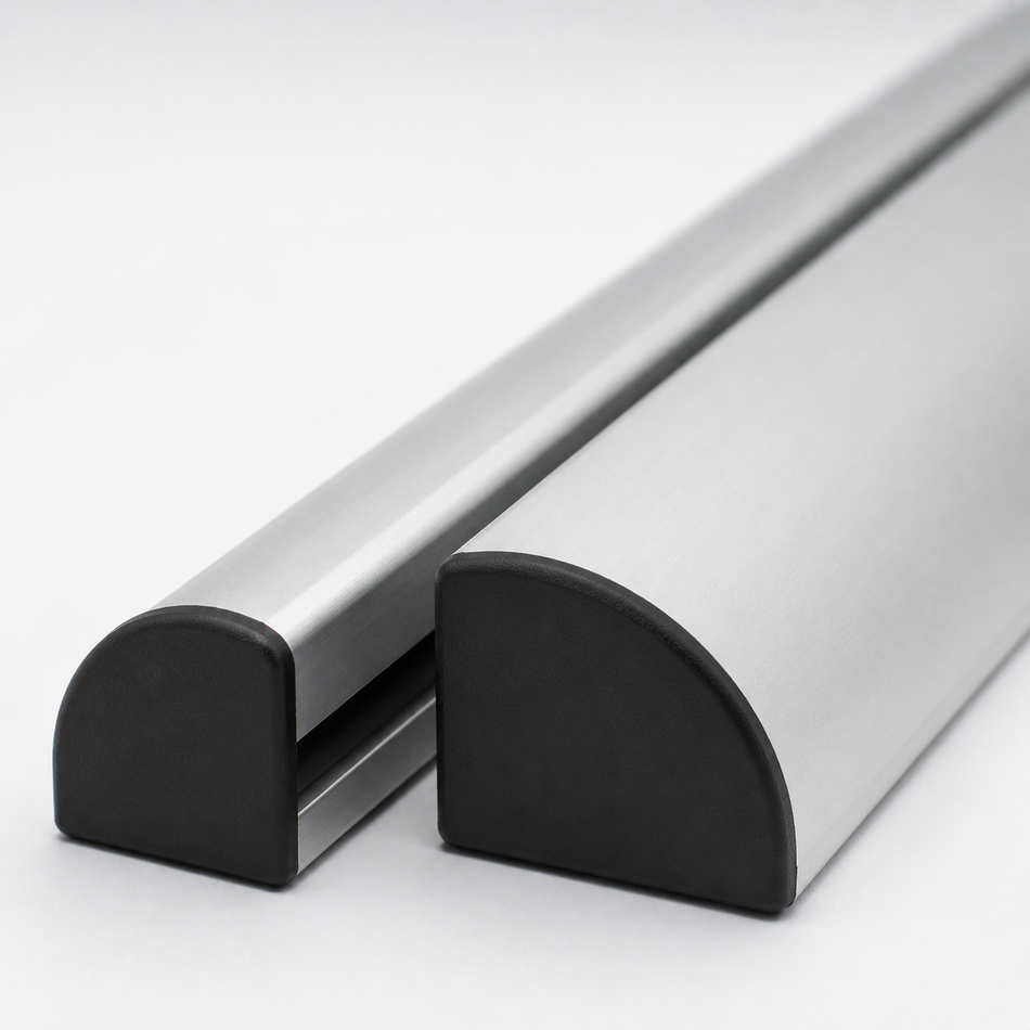 Black ABS plastic end cap fitted to the end of a 40 Series curved aluminium T-slot / V-slot extrusion