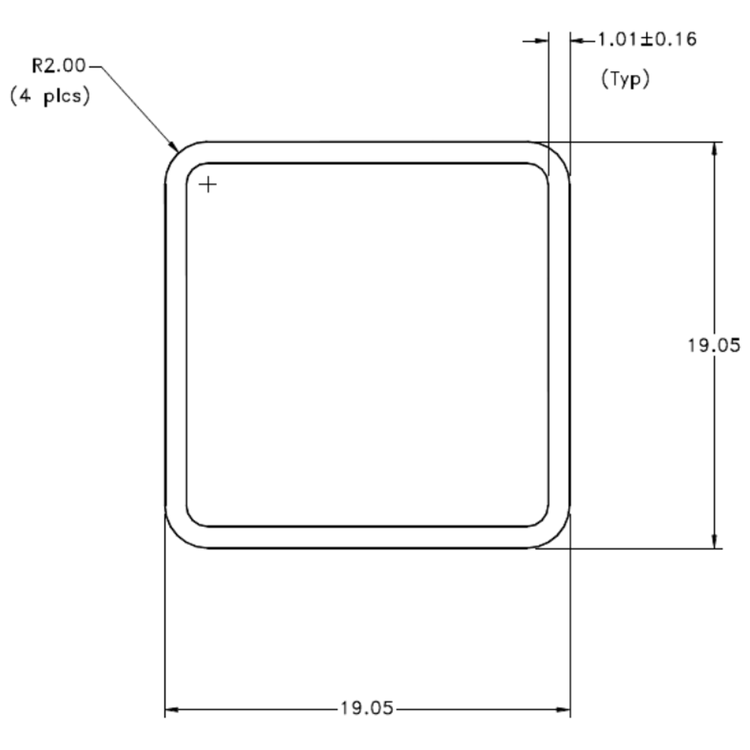 3/4" x 19g Square Tube - cross-section drawing