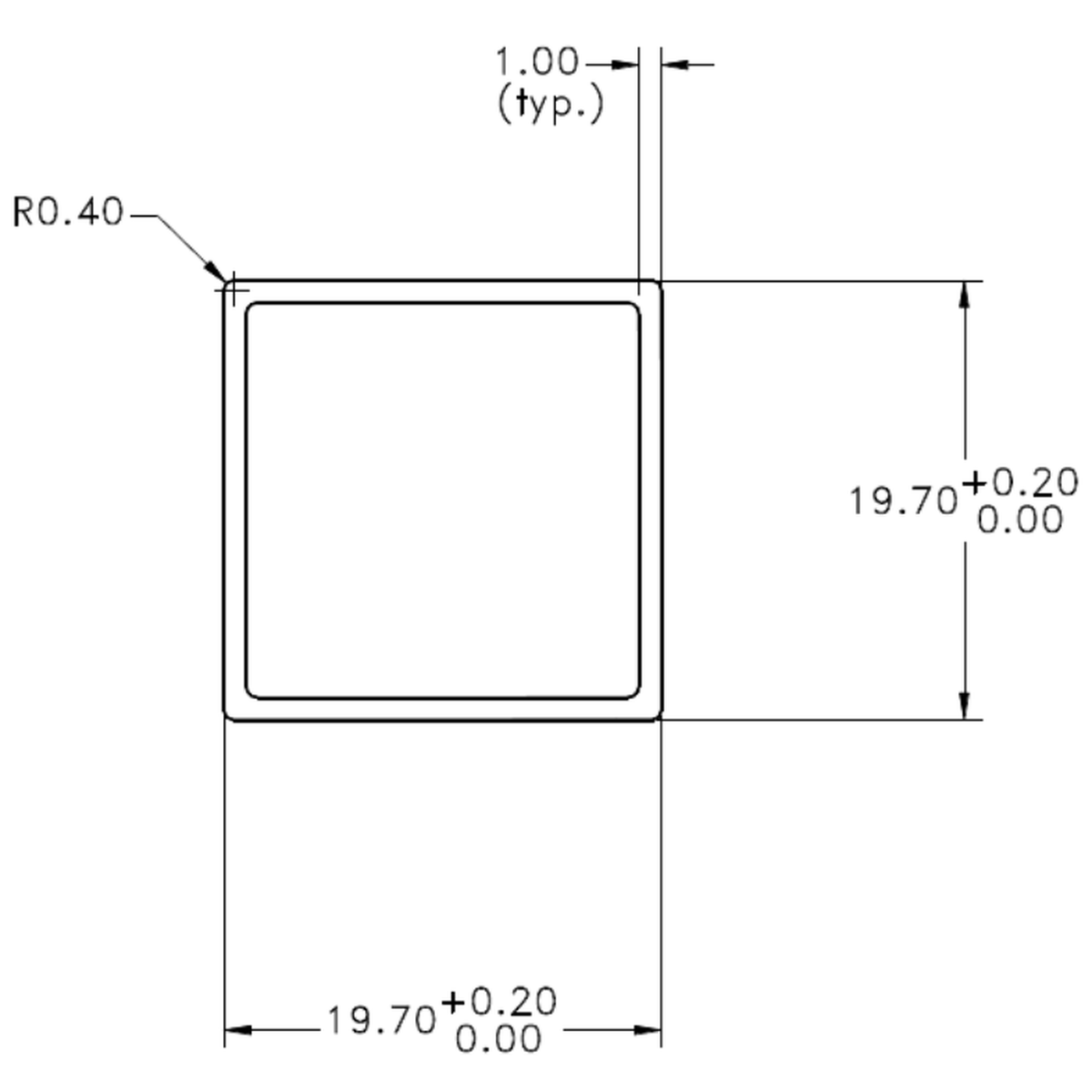 19.7 x 1.0 Square Tube - cross-section drawing