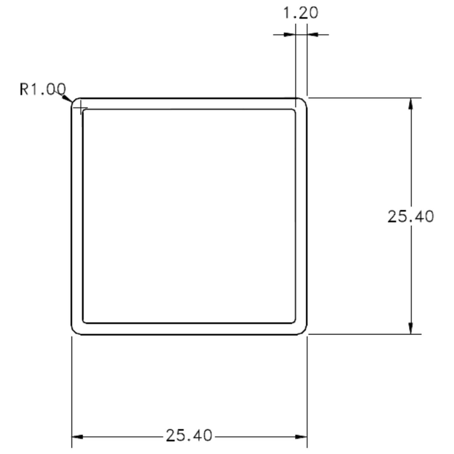 25.4 x 1.2mm Square Tube - cross-section drawing