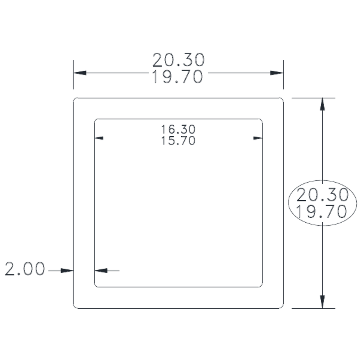 20 x 20 x 2mm Square Tube - cross-section drawing