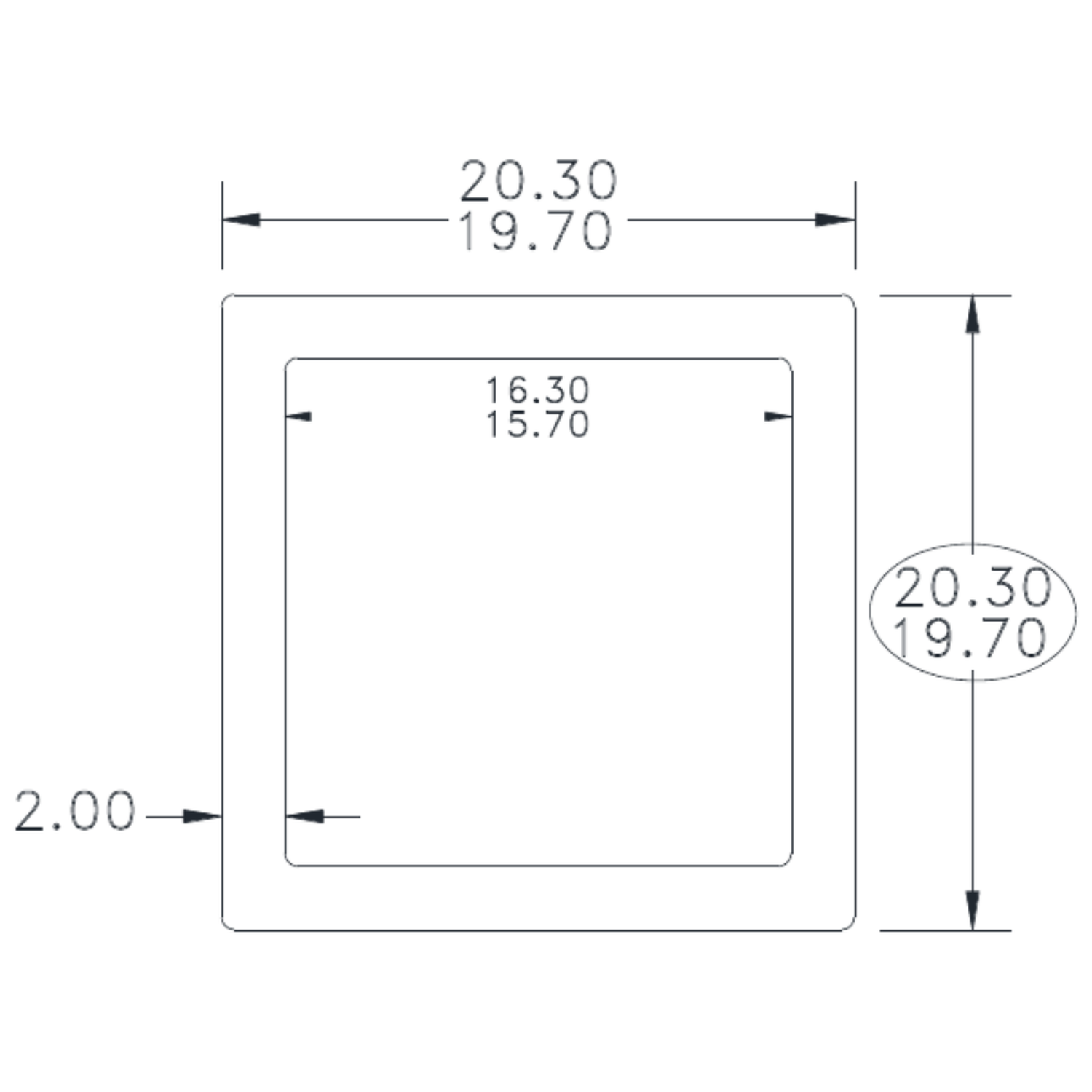 20 x 20 x 2mm Square Tube - cross-section drawing