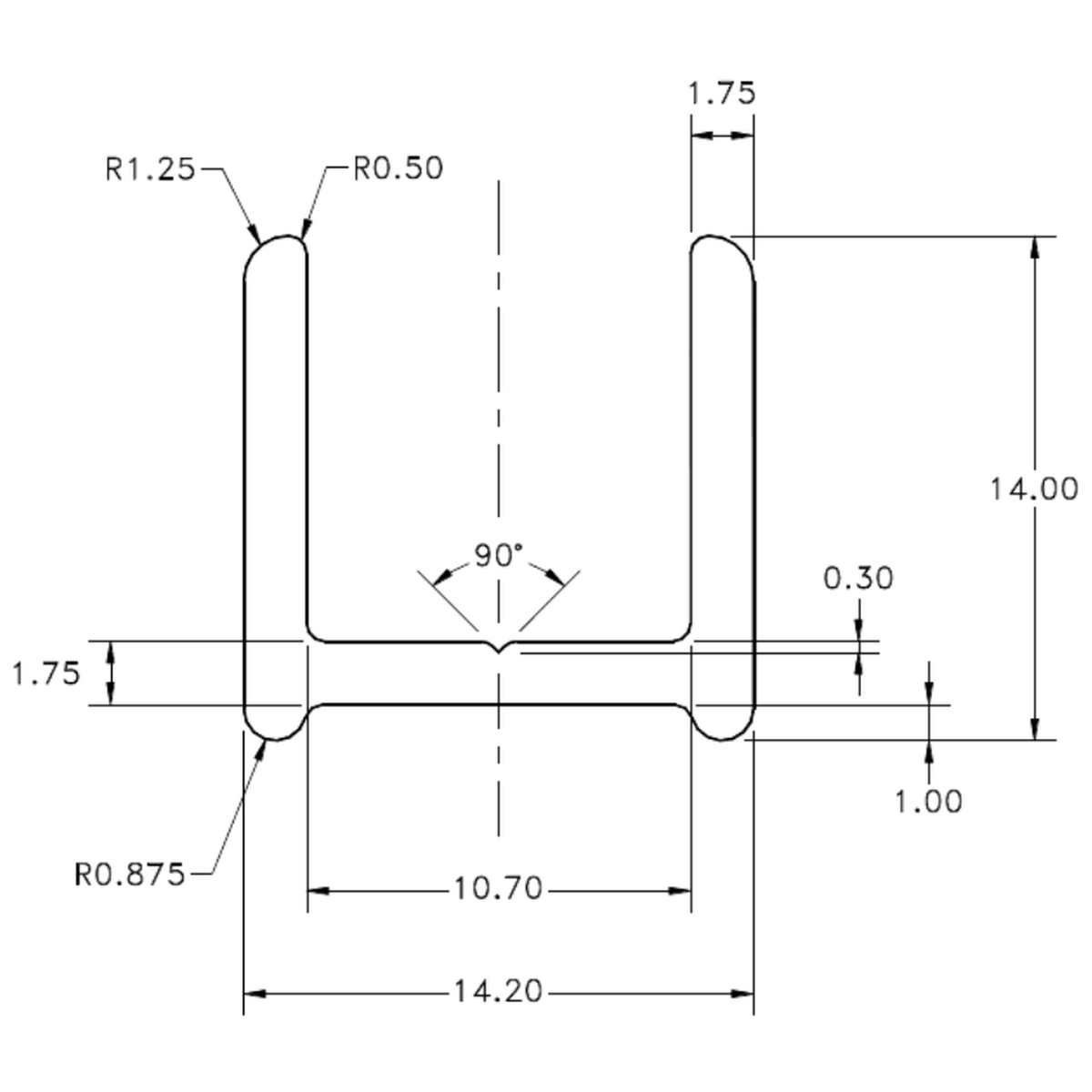14.2 x 14.0mm Channel - cross-section drawing