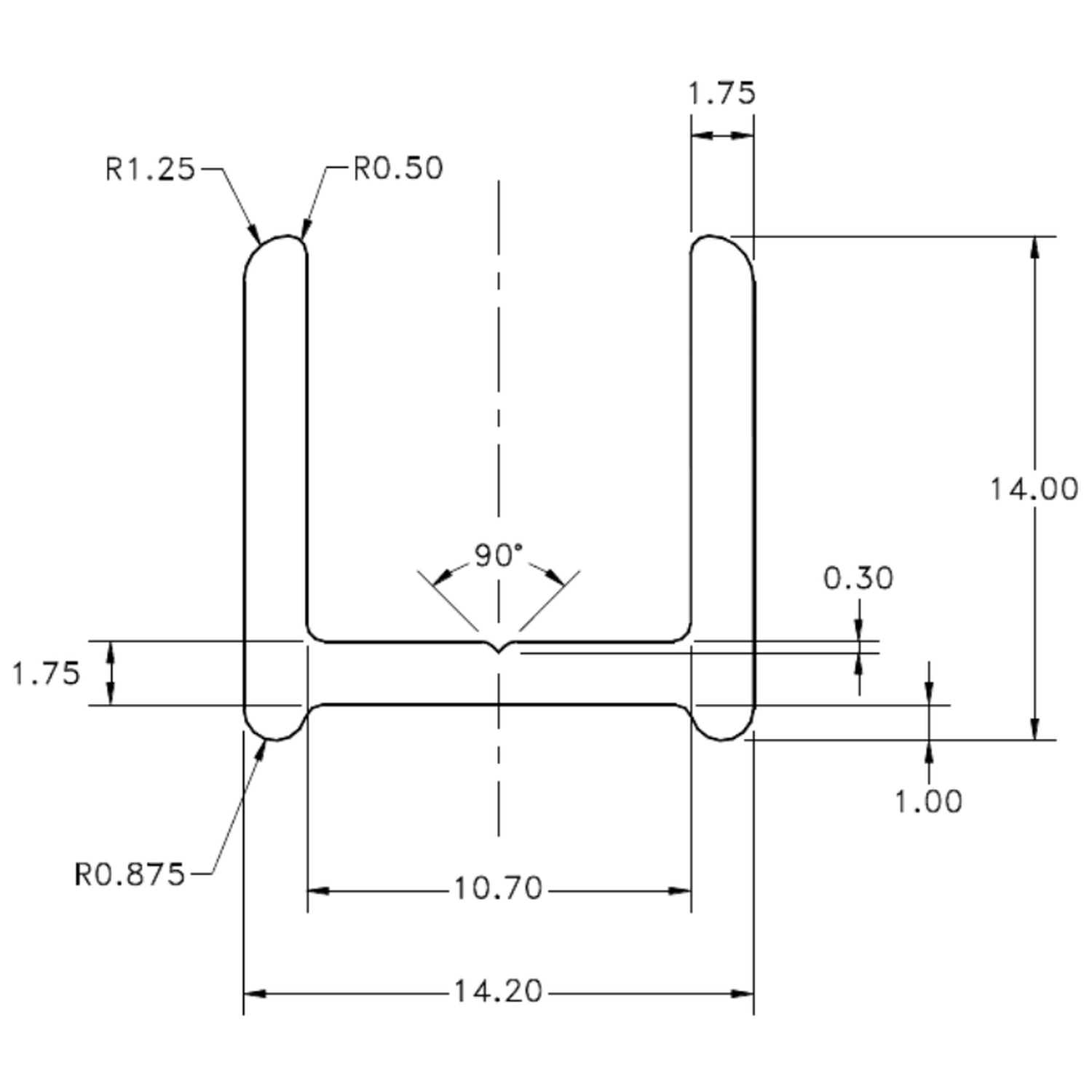 14.2 x 14.0mm Channel - cross-section drawing
