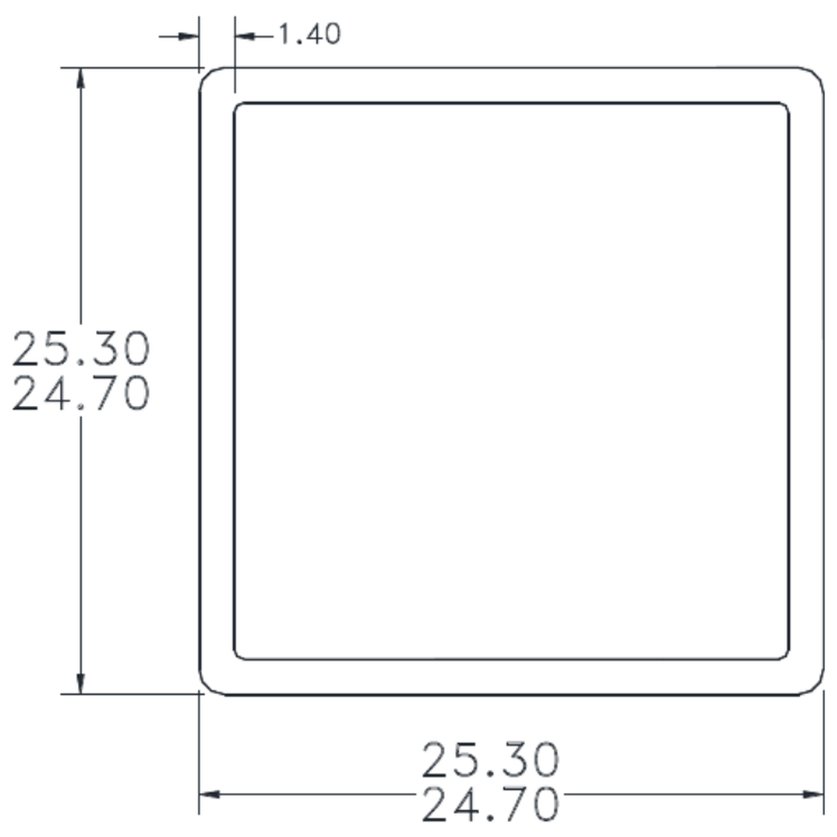 25.0 x 25.0 x 1.40 Square Tube - cross-section drawing