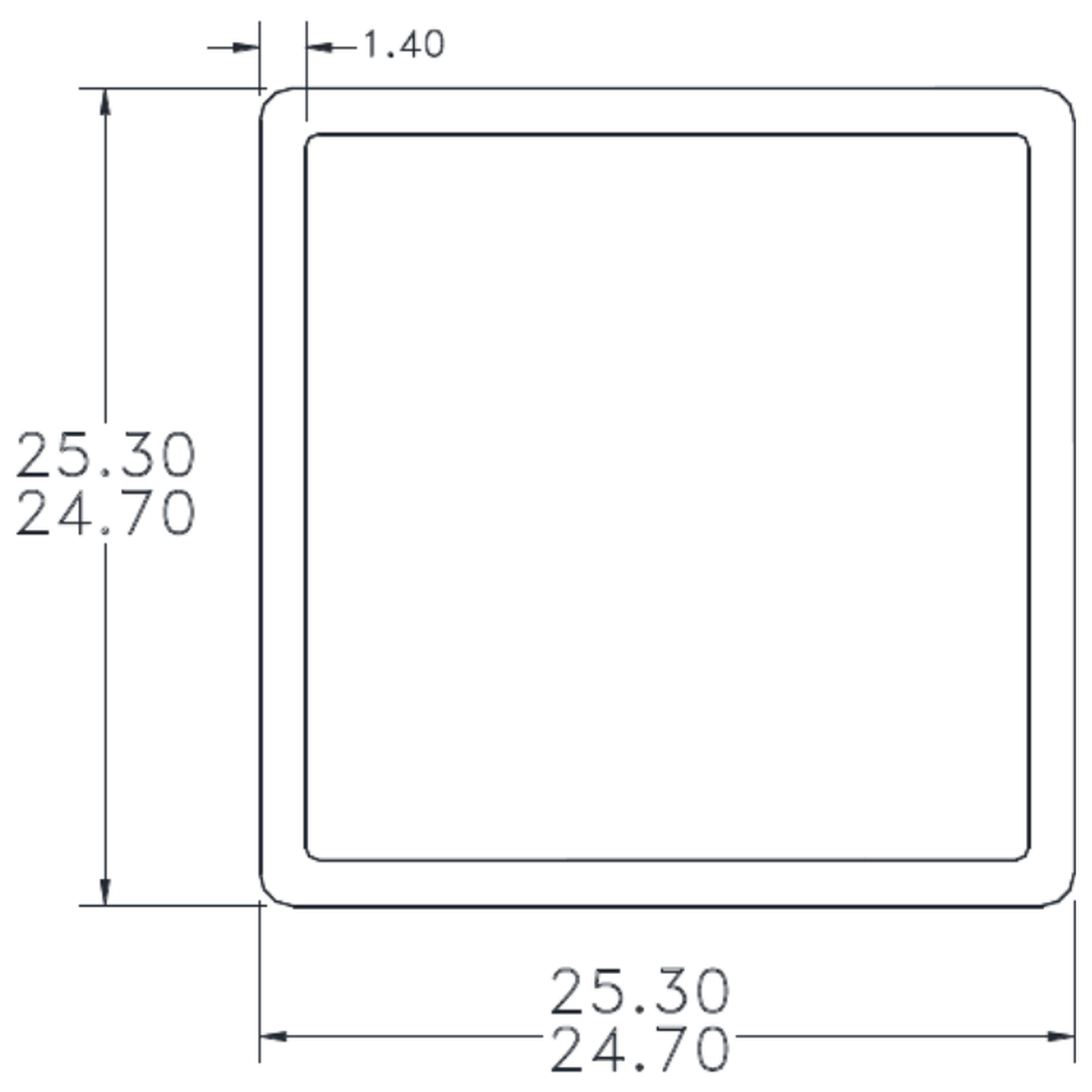 25.0 x 25.0 x 1.40 Square Tube - cross-section drawing