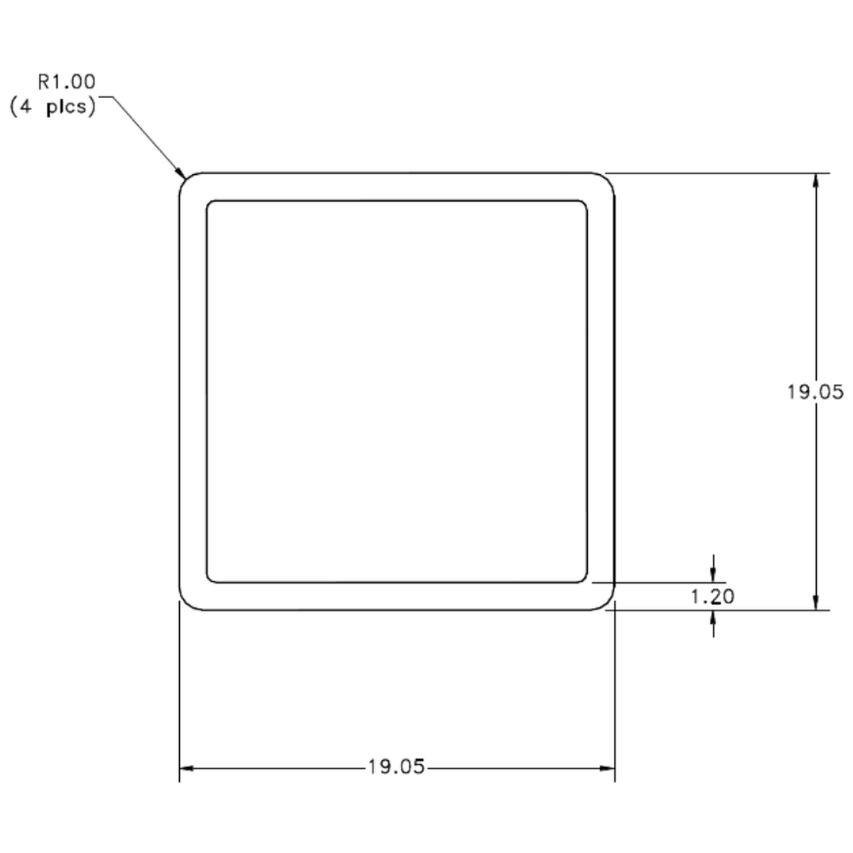 19.05 x 1.2mm WT Square Tube - cross-section drawing