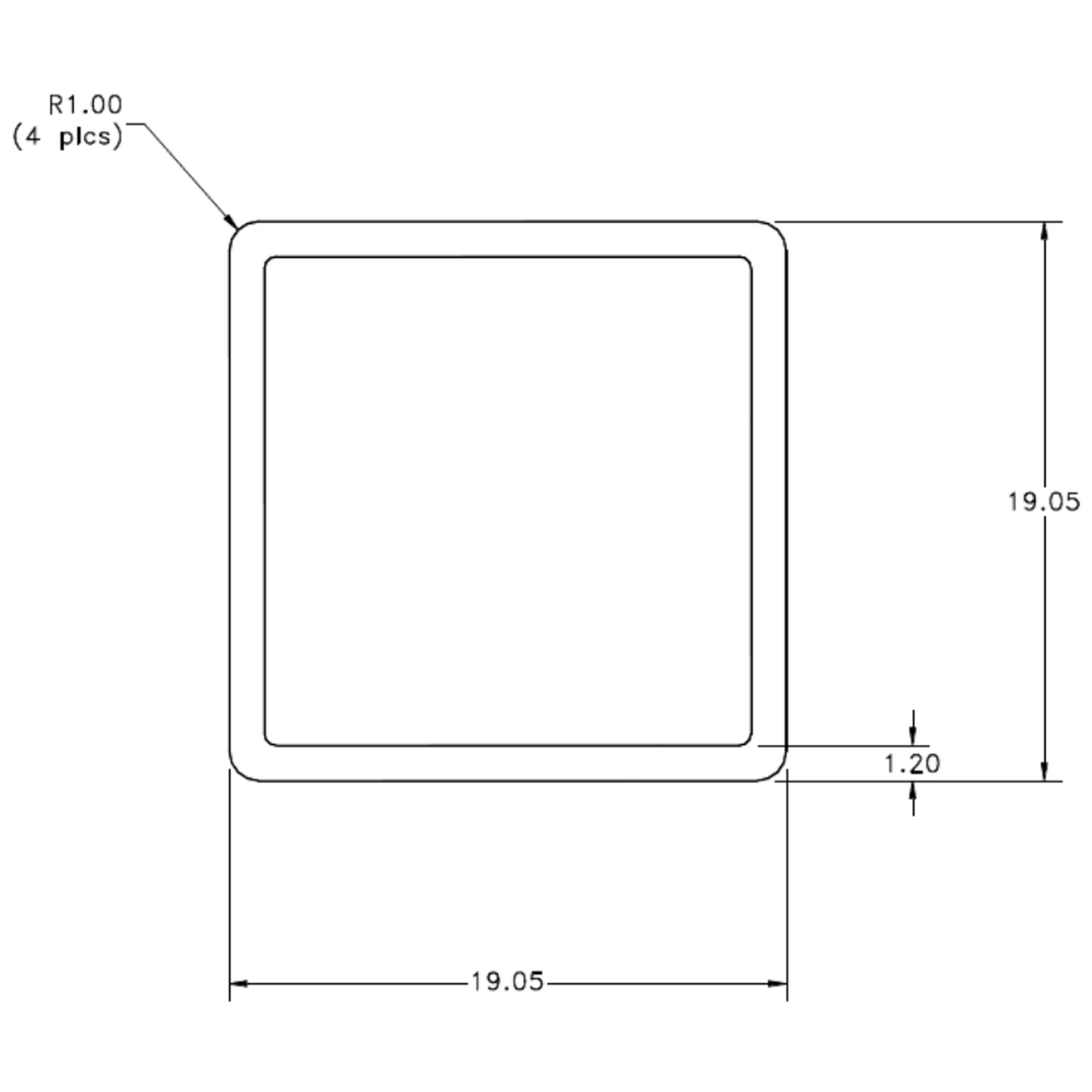 19.05 x 1.2mm WT Square Tube - cross-section drawing