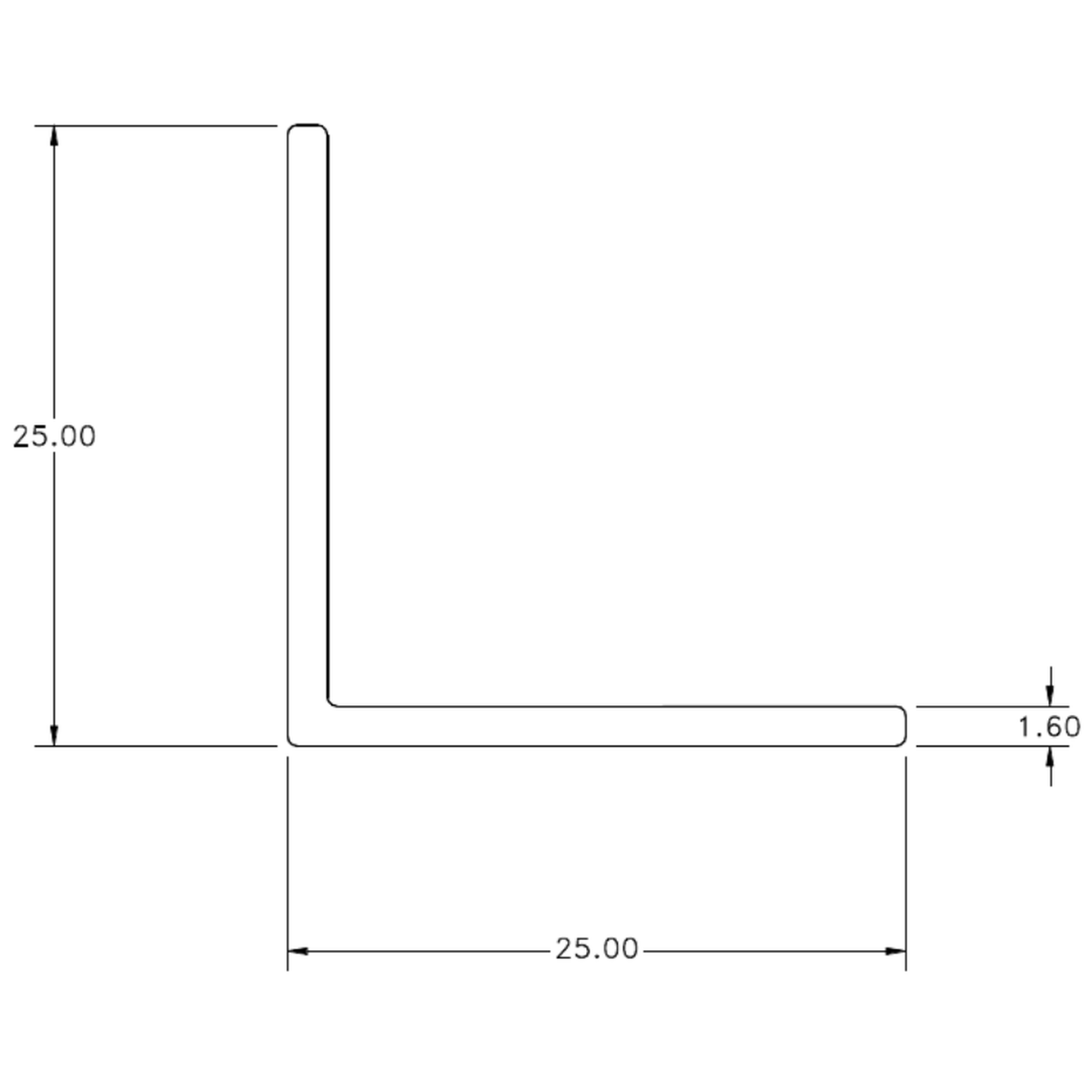 25 x 25 x 1.6 Angle - cross-section drawing