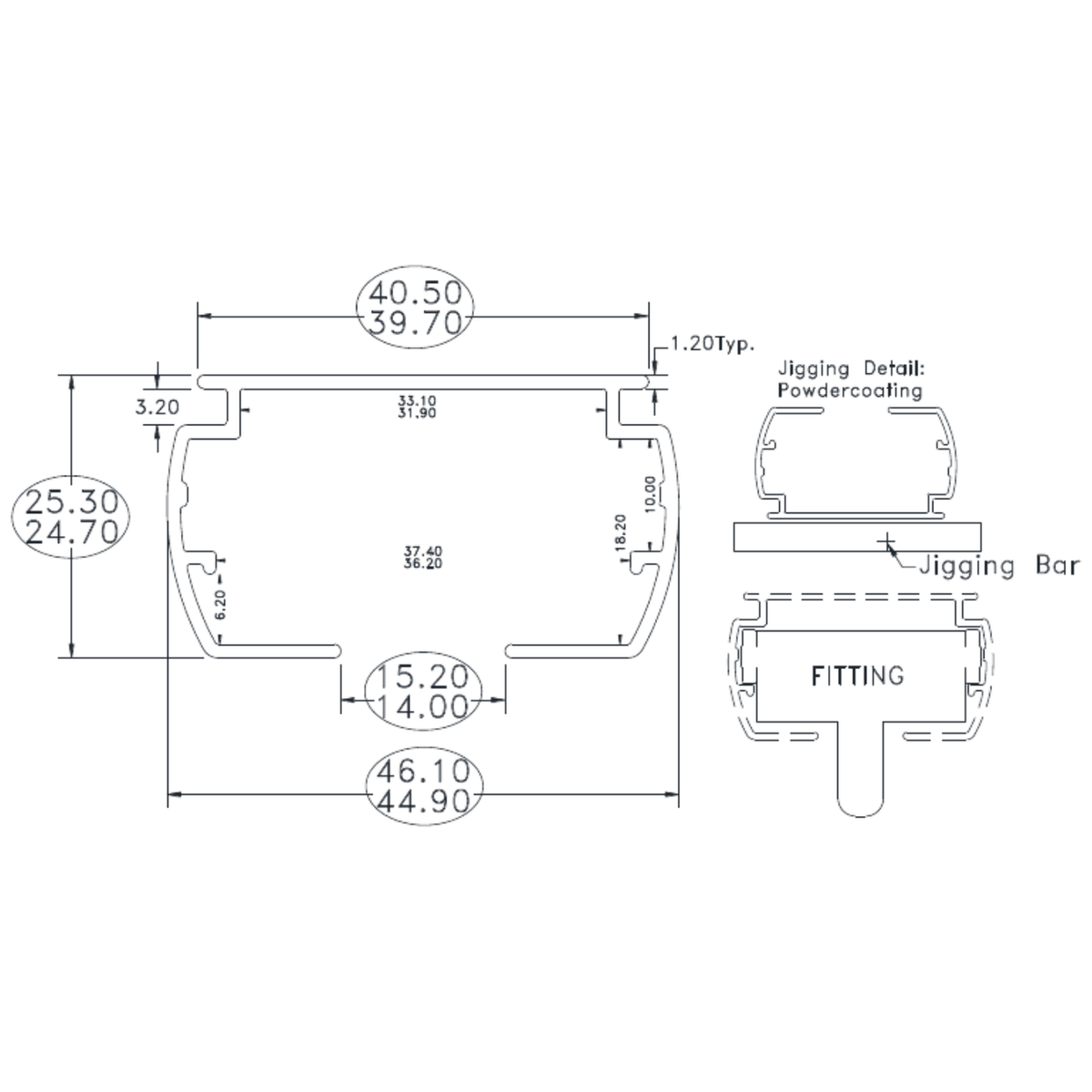 Drape Headrail - cross-section drawing