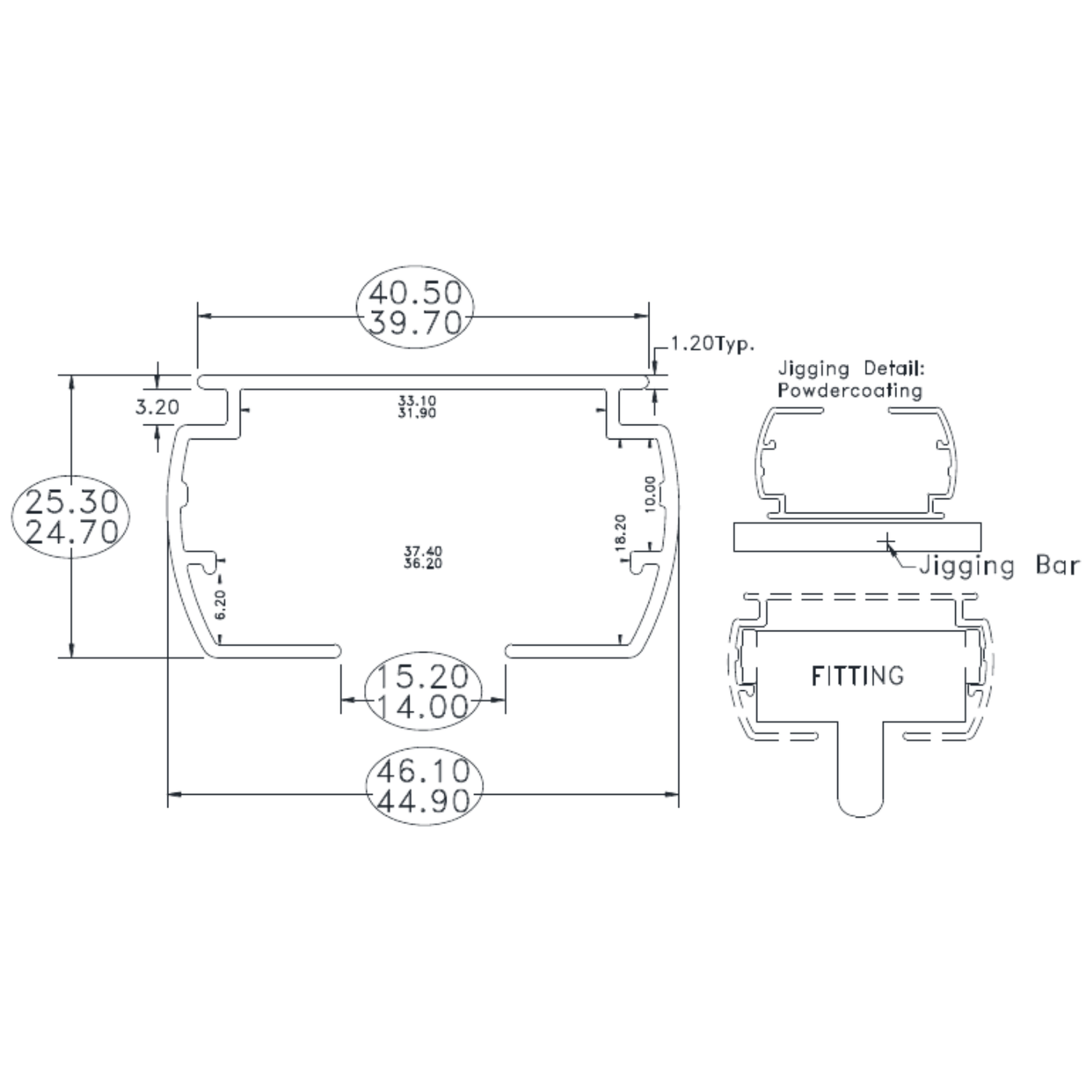 Drape Headrail - cross-section drawing