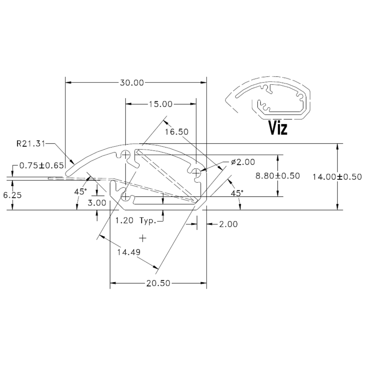 Dual Bottom Rail MK2 - cross-section drawing