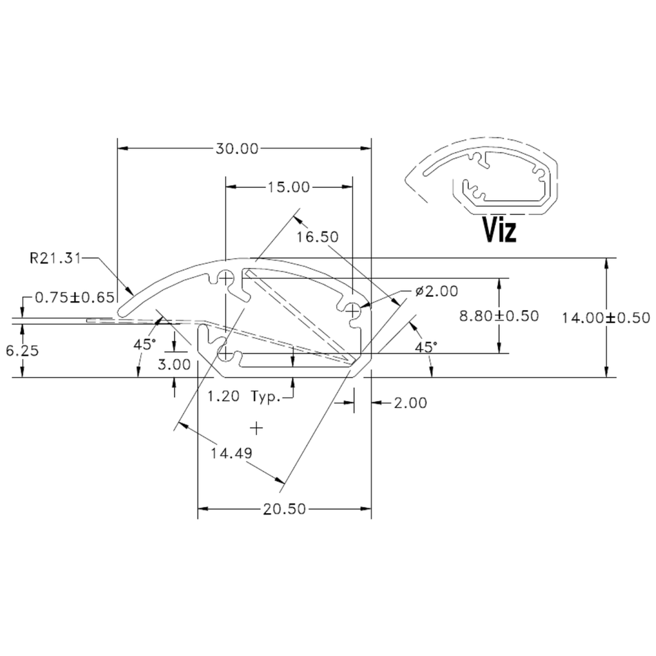 Dual Bottom Rail MK2 - cross-section drawing