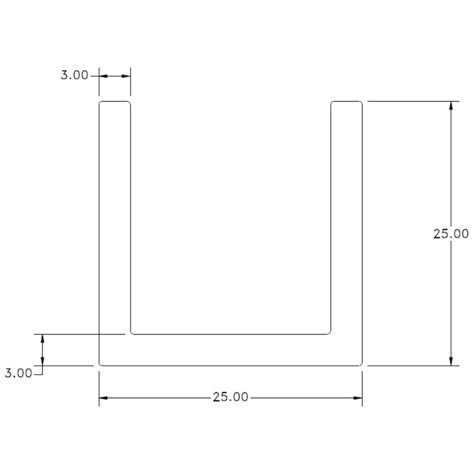 25 x 25 x 3mm Channel - cross-section drawing