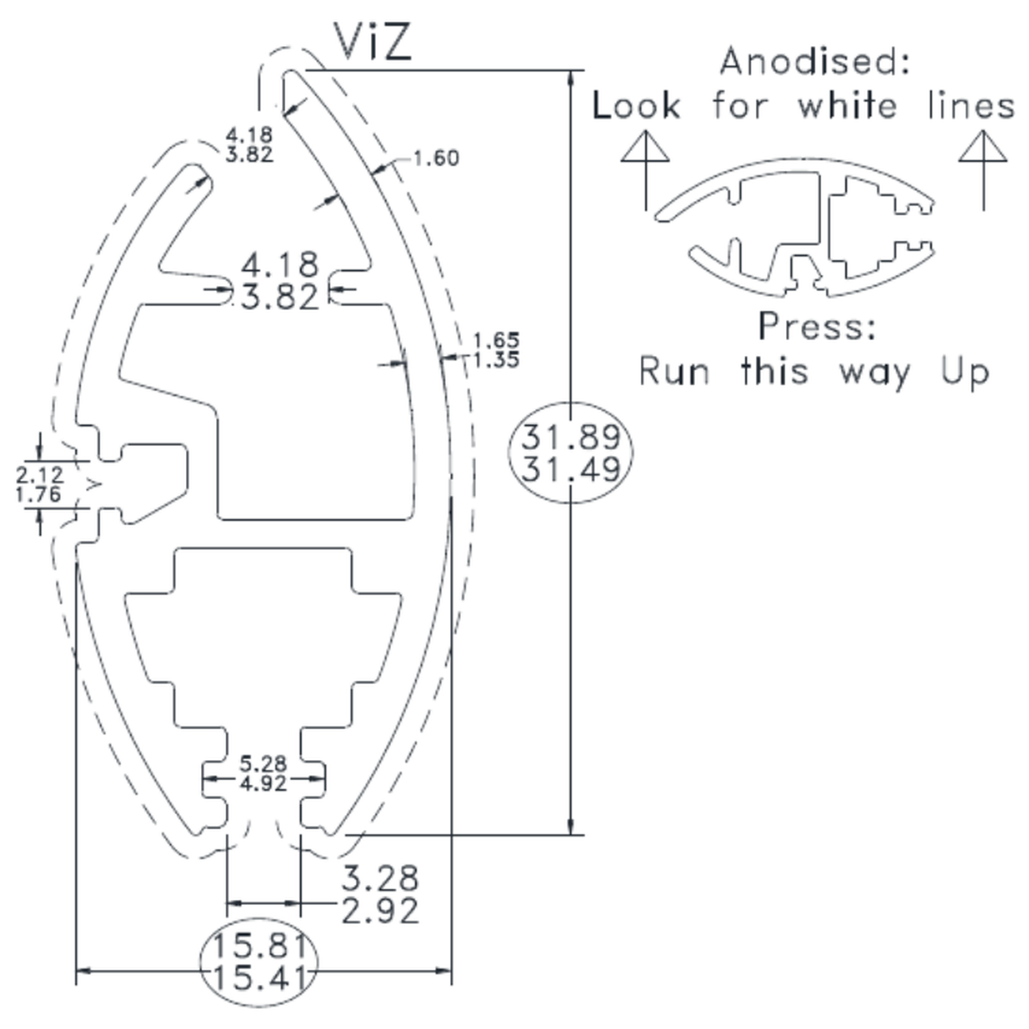 Elipse Bottom Rail - cross-section drawing