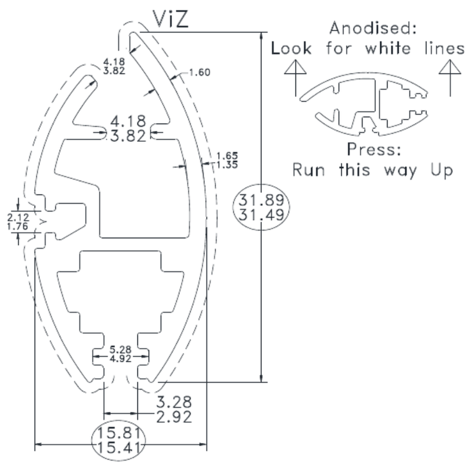 Elipse Bottom Rail - cross-section drawing