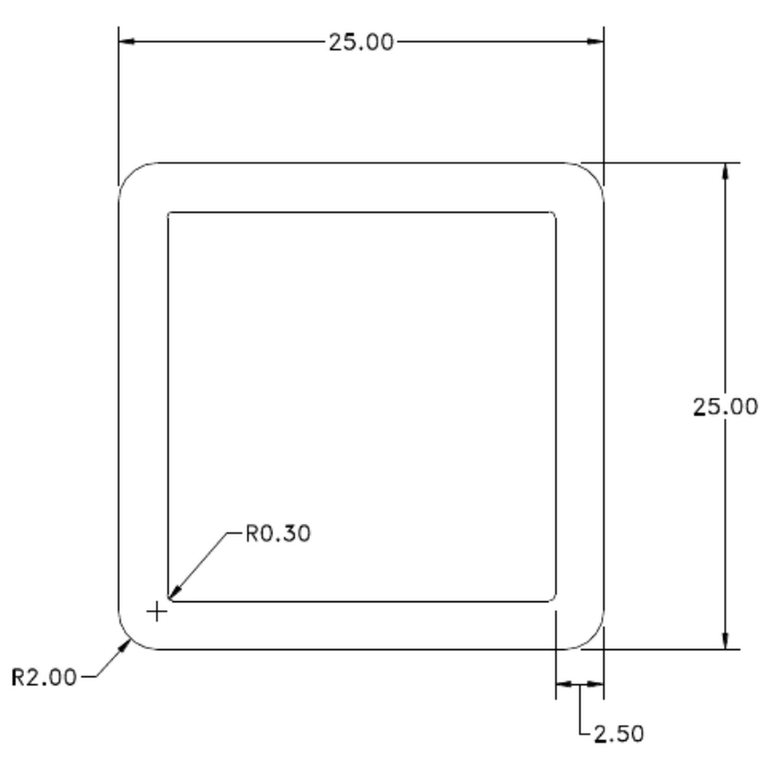 25.0mm x 2.50mm Square Tube - cross-section drawing