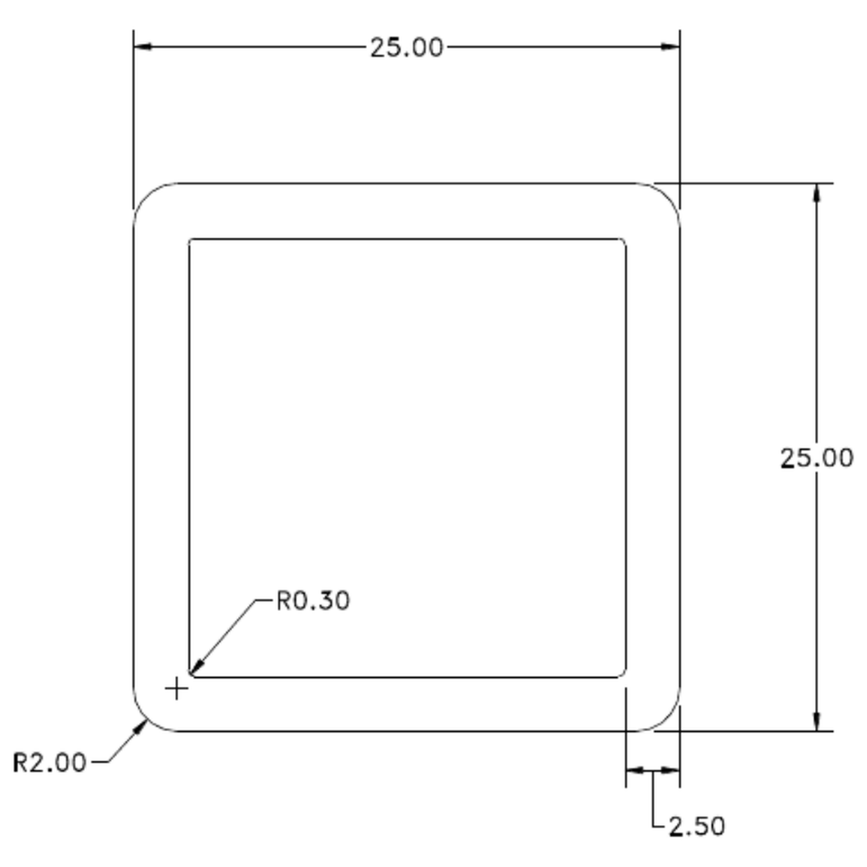 25.0mm x 2.50mm Square Tube - cross-section drawing