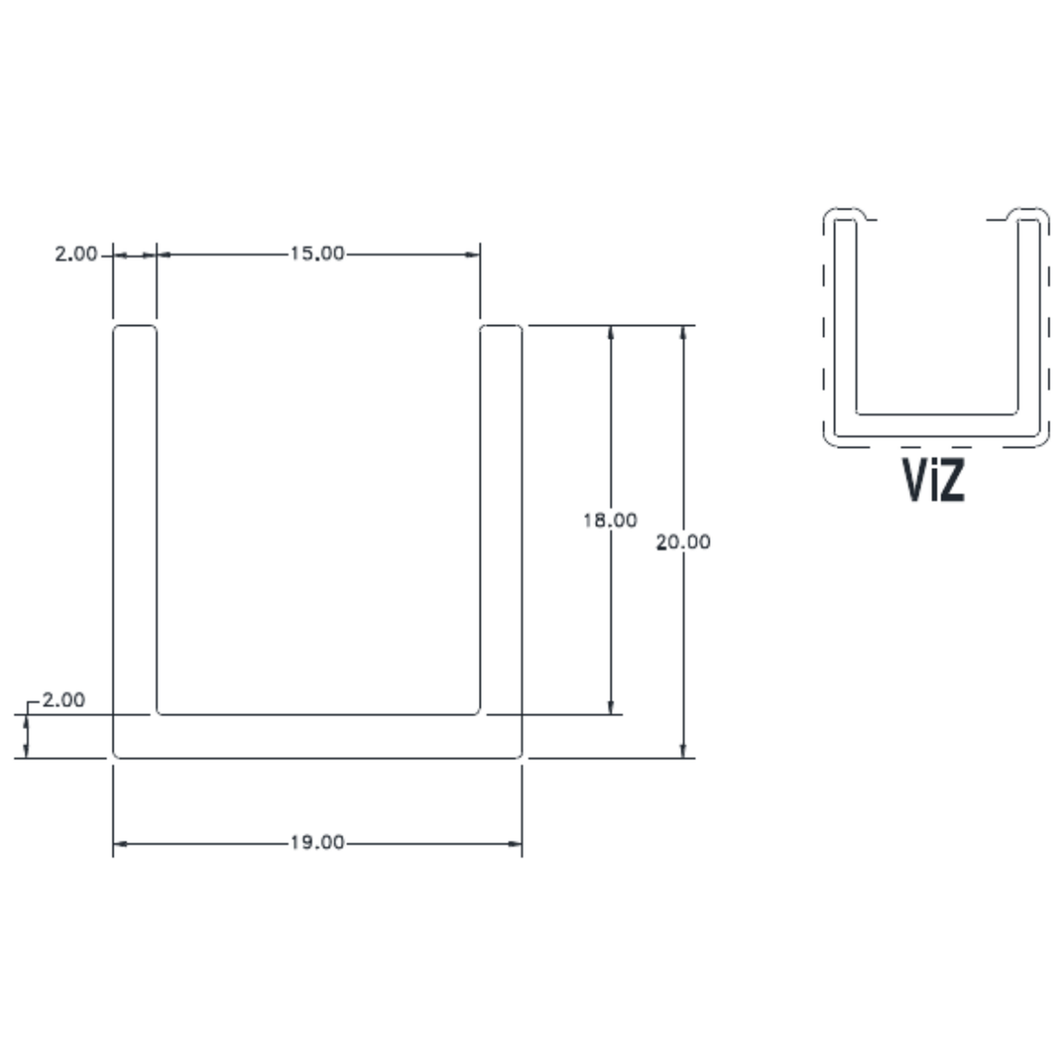 19x20x2.0mm Channel - cross-section drawing