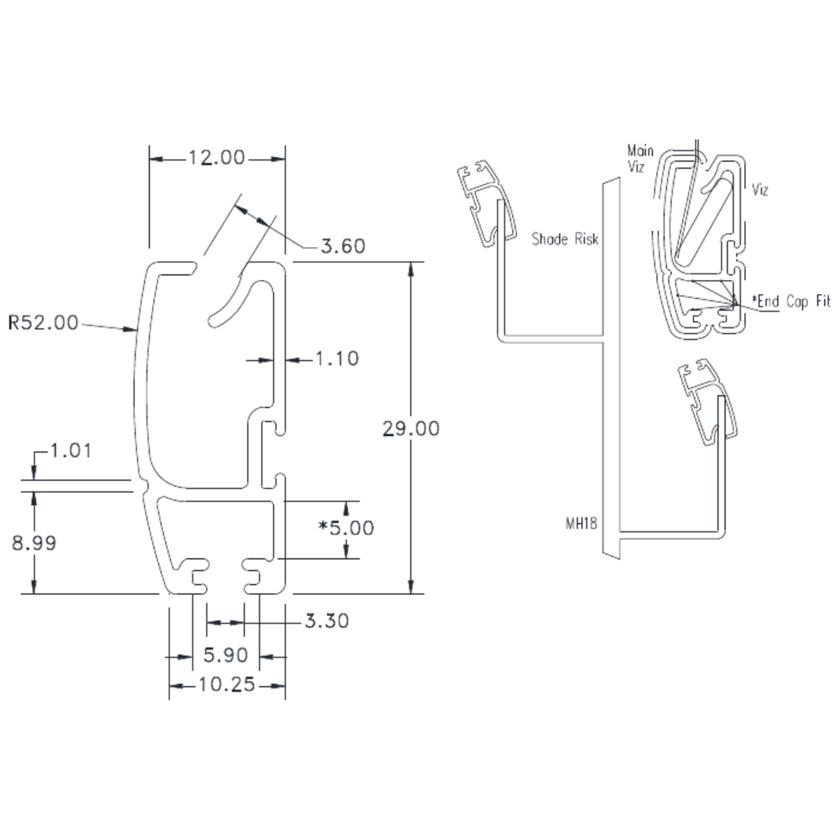 Radius Bottom Rail - cross-section drawing