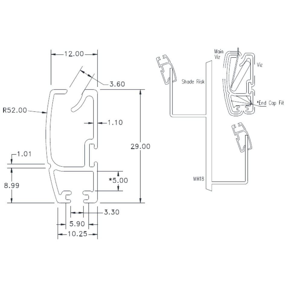 Radius Bottom Rail - cross-section drawing