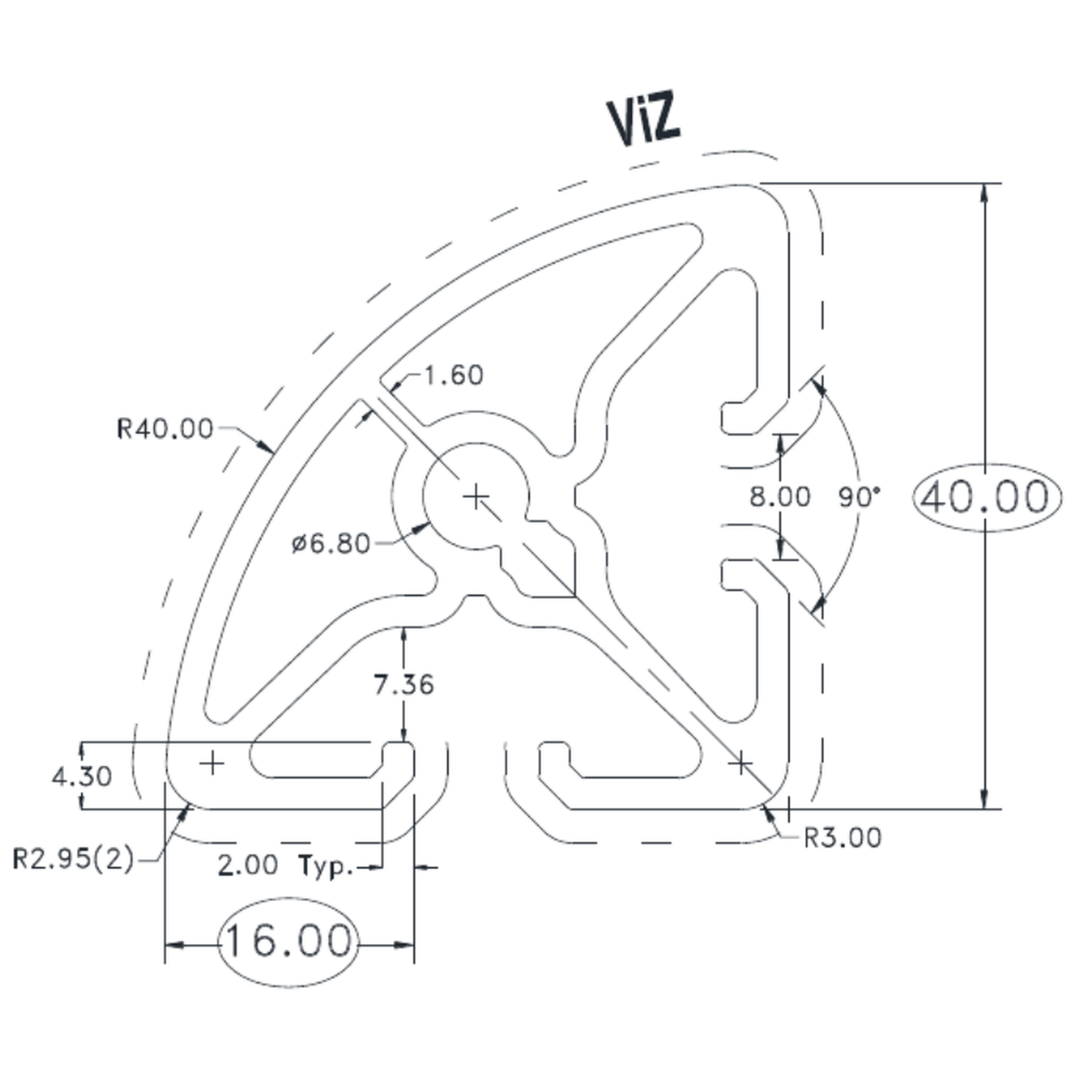40 Series 2 Slot R40 Corner - cross-section drawing
