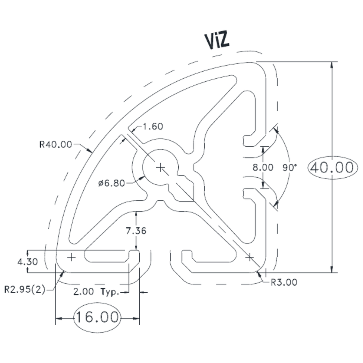 40 Series 2 Slot R40 Corner - cross-section drawing