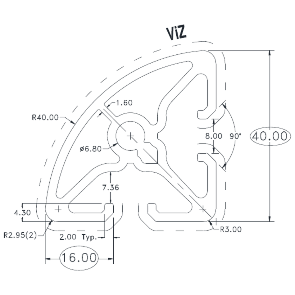 40 Series 2 Slot R40 Corner - cross-section drawing