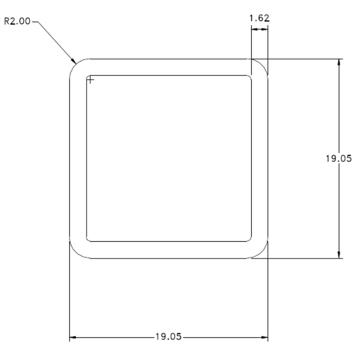3/4" x 16g Square Tube - cross-section drawing