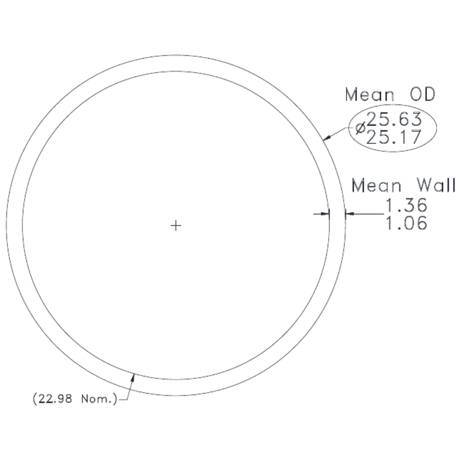 25.4 x 1.21WT Round Tube - cross-section drawing