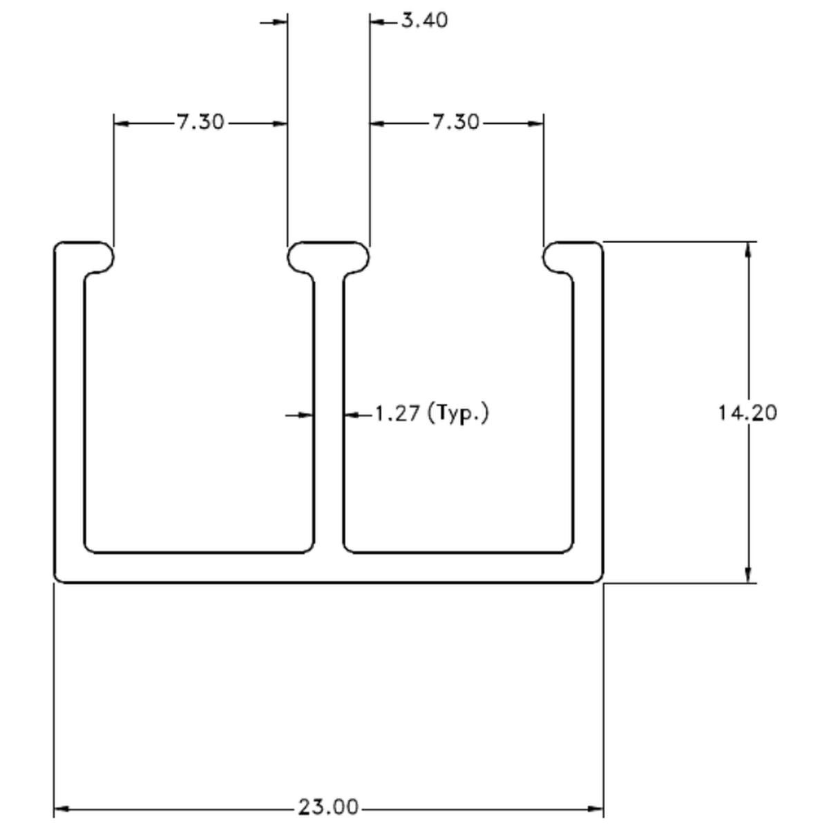 1/4" Double Top Glass Runner - cross-section drawing