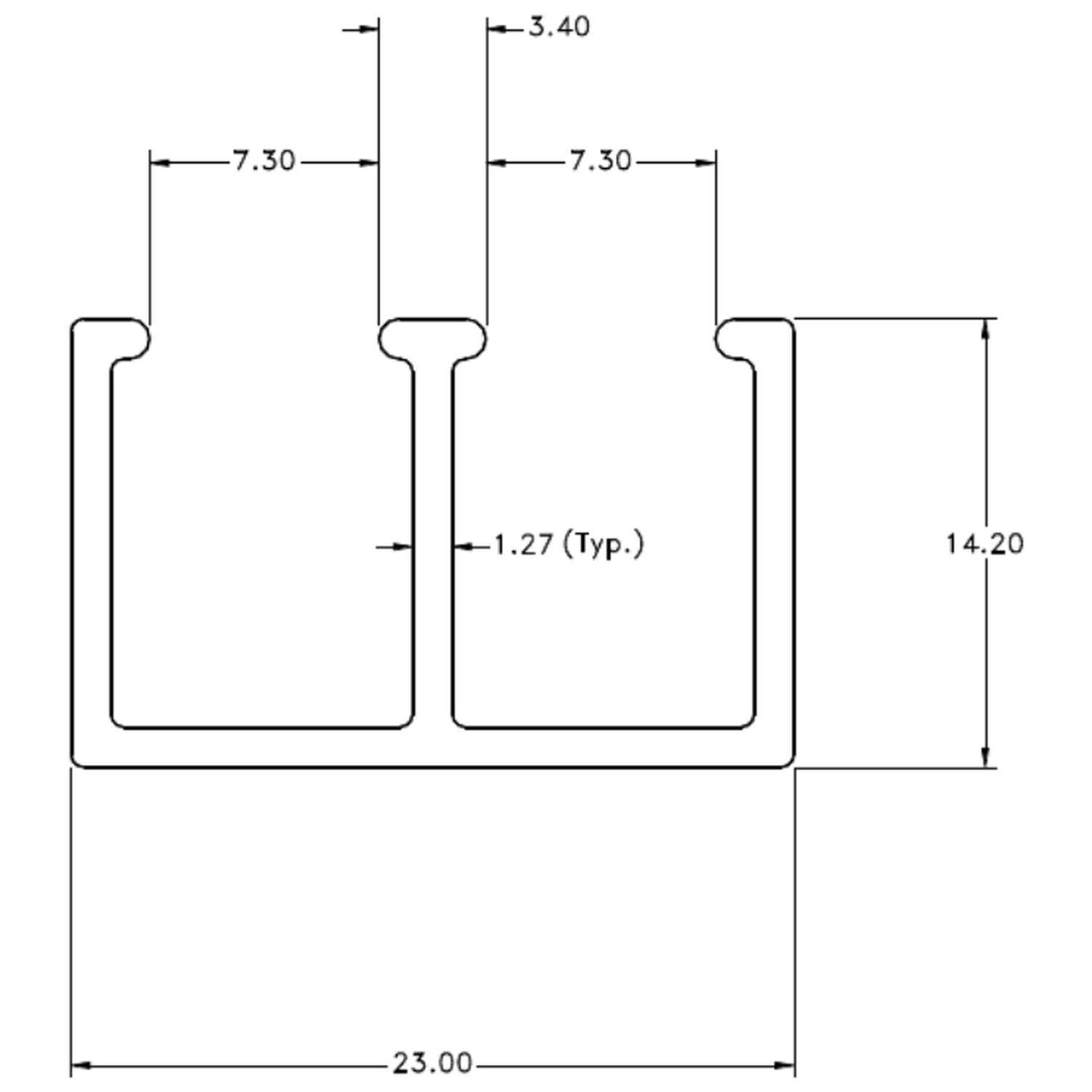 1/4" Double Top Glass Runner - cross-section drawing