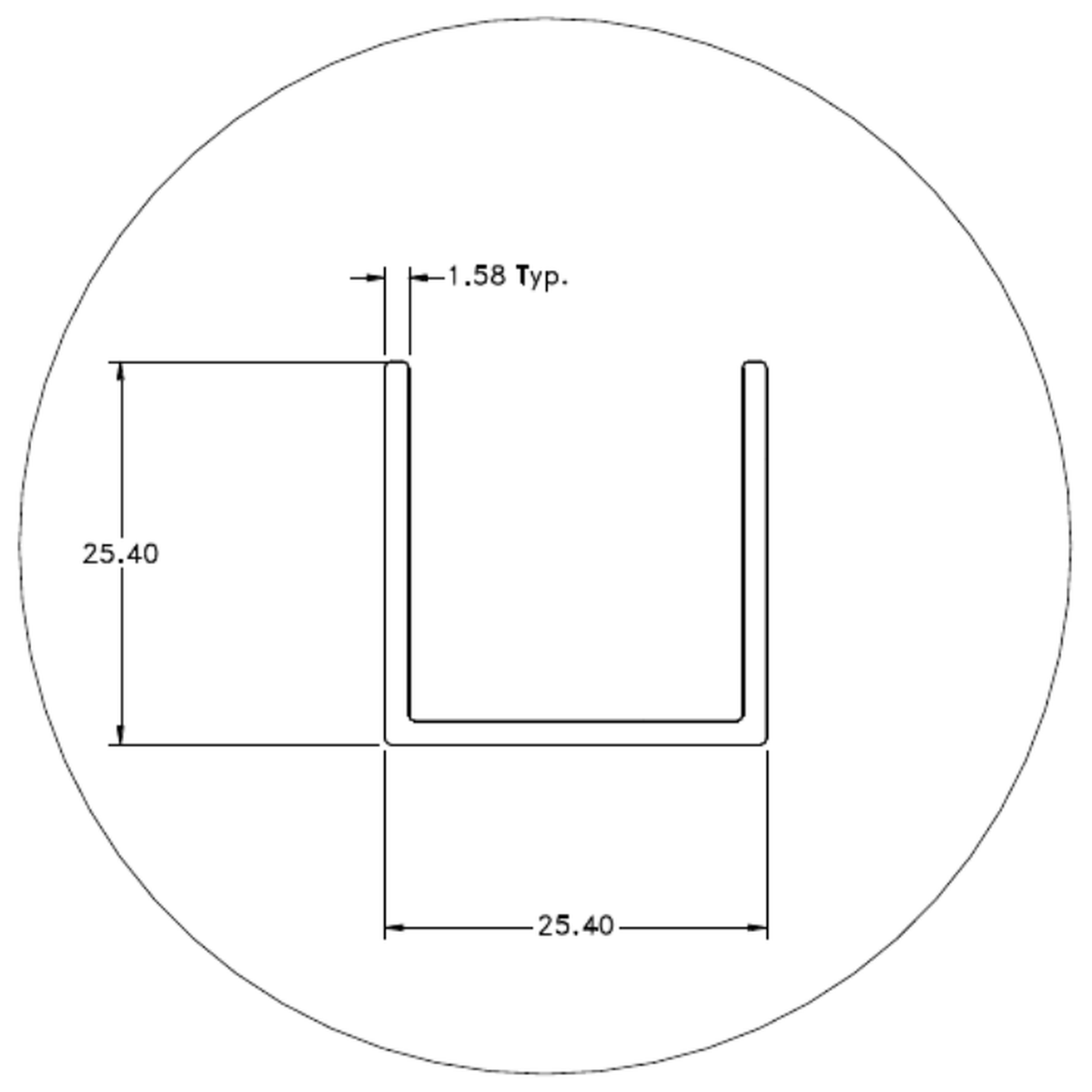 1" x 1" x 1/16" Channel - cross-section drawing