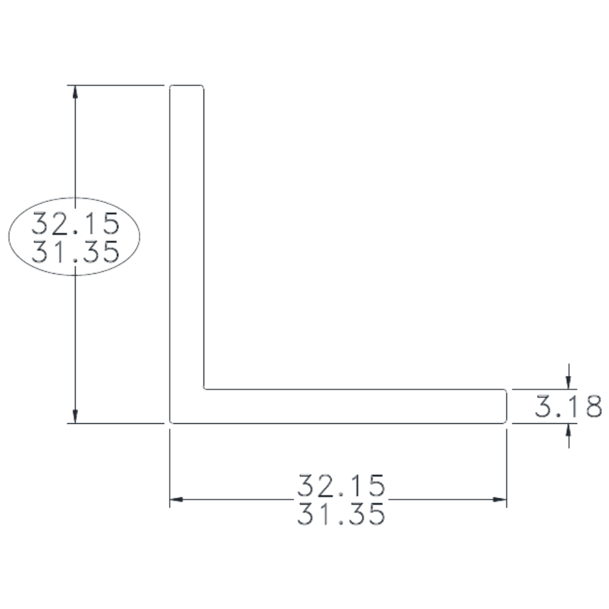 1&1/4" x 1&1/4" x 1/8" Angle - cross-section drawing