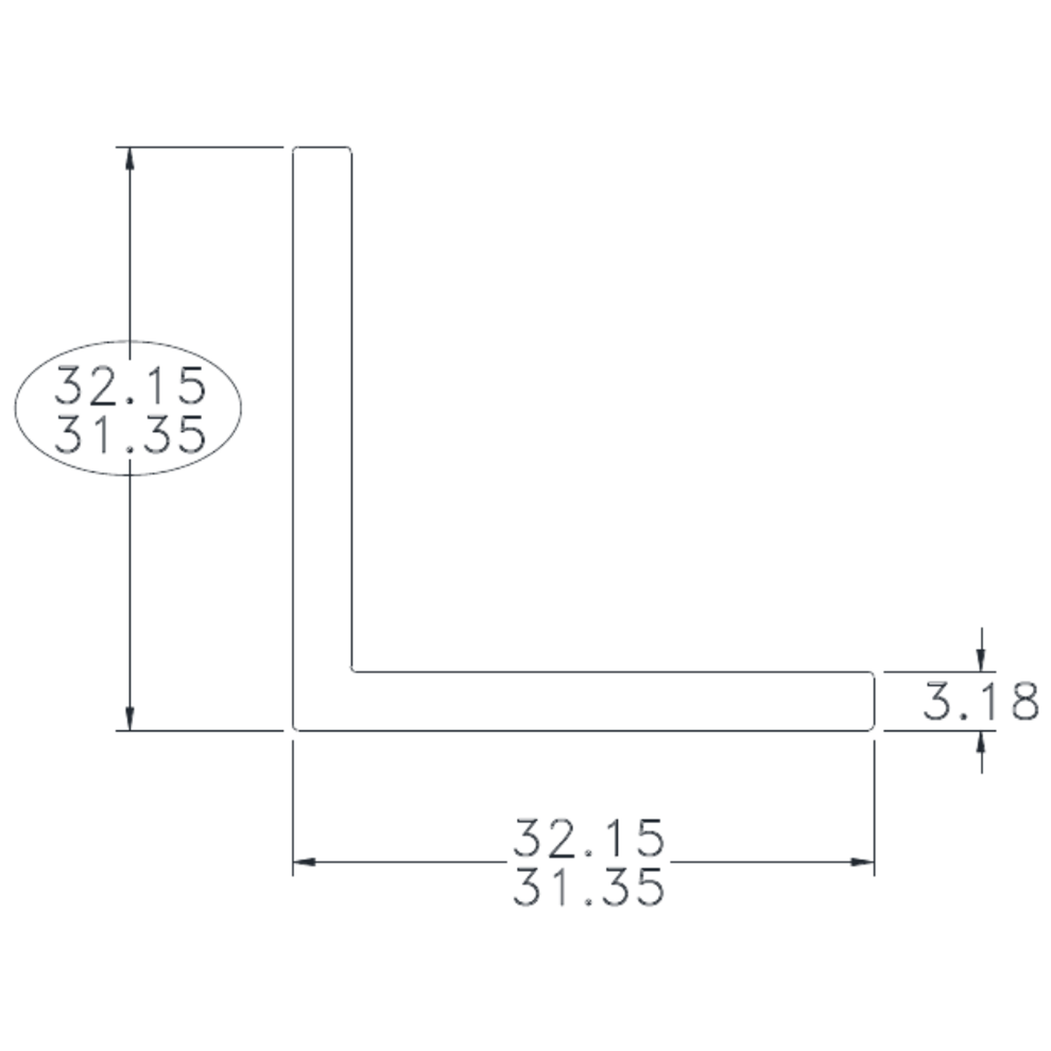 1&1/4" x 1&1/4" x 1/8" Angle - cross-section drawing